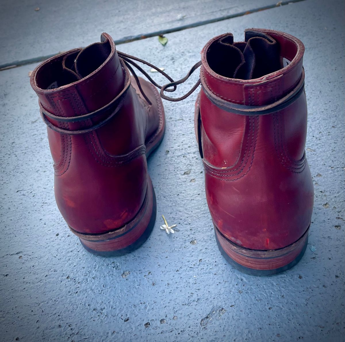 Photo by Nuc on December 2, 2024 of the Nick's Boots MTO in Wickett & Craig Double Stuffed Crimson.