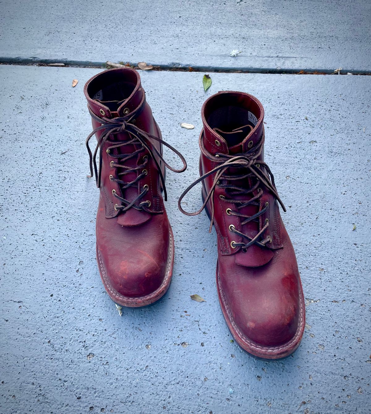 Photo by Nuc on December 2, 2024 of the Nick's Boots MTO in Wickett & Craig Double Stuffed Crimson.