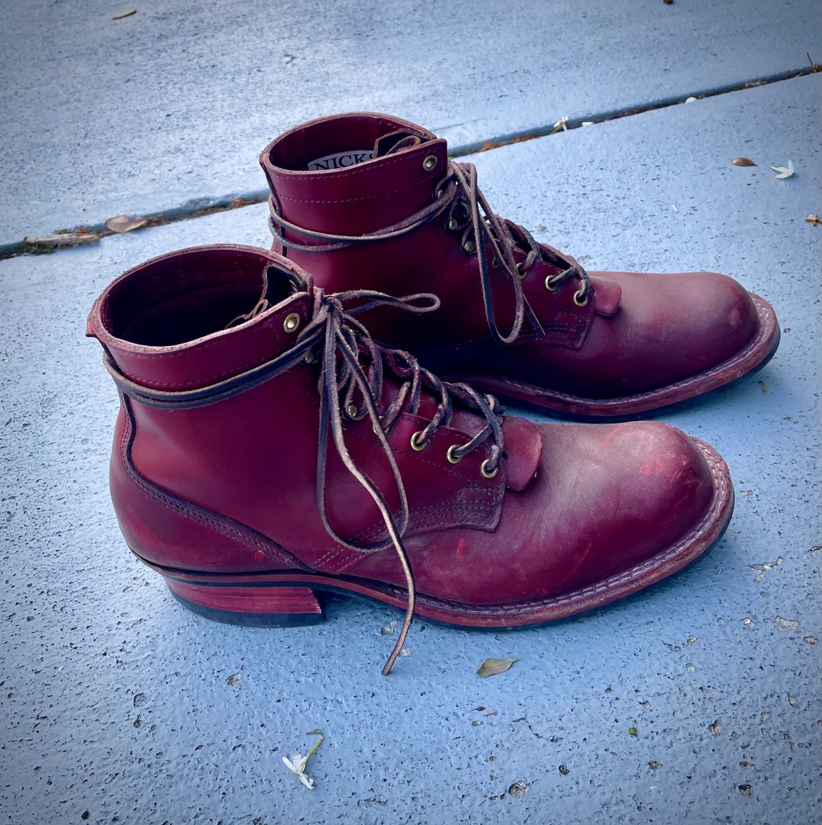 Photo by Nuc on December 2, 2024 of the Nick's Boots MTO in Wickett & Craig Double Stuffed Crimson.