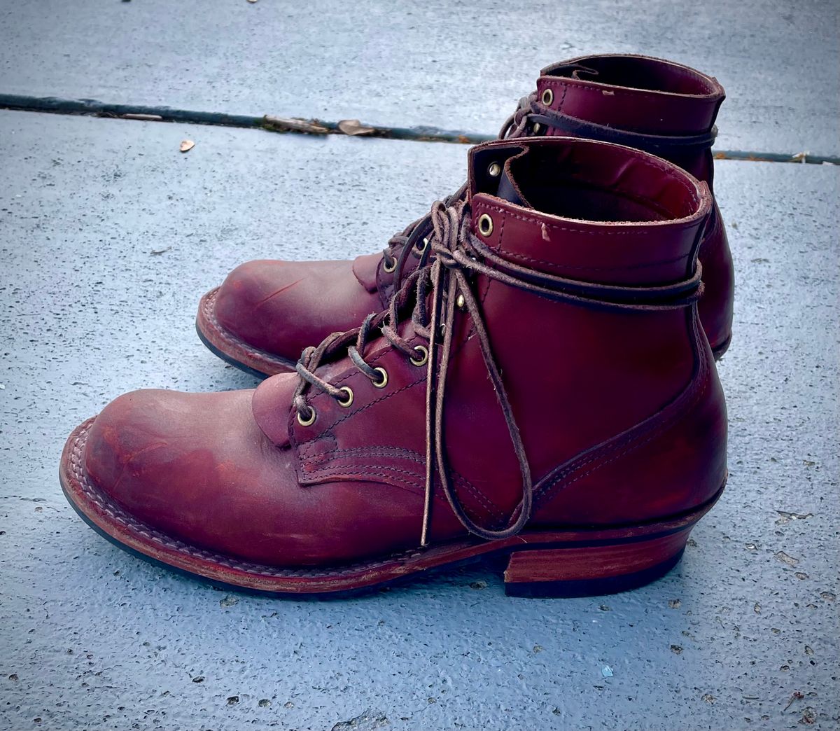 Photo by Nuc on December 2, 2024 of the Nick's Boots MTO in Wickett & Craig Double Stuffed Crimson.