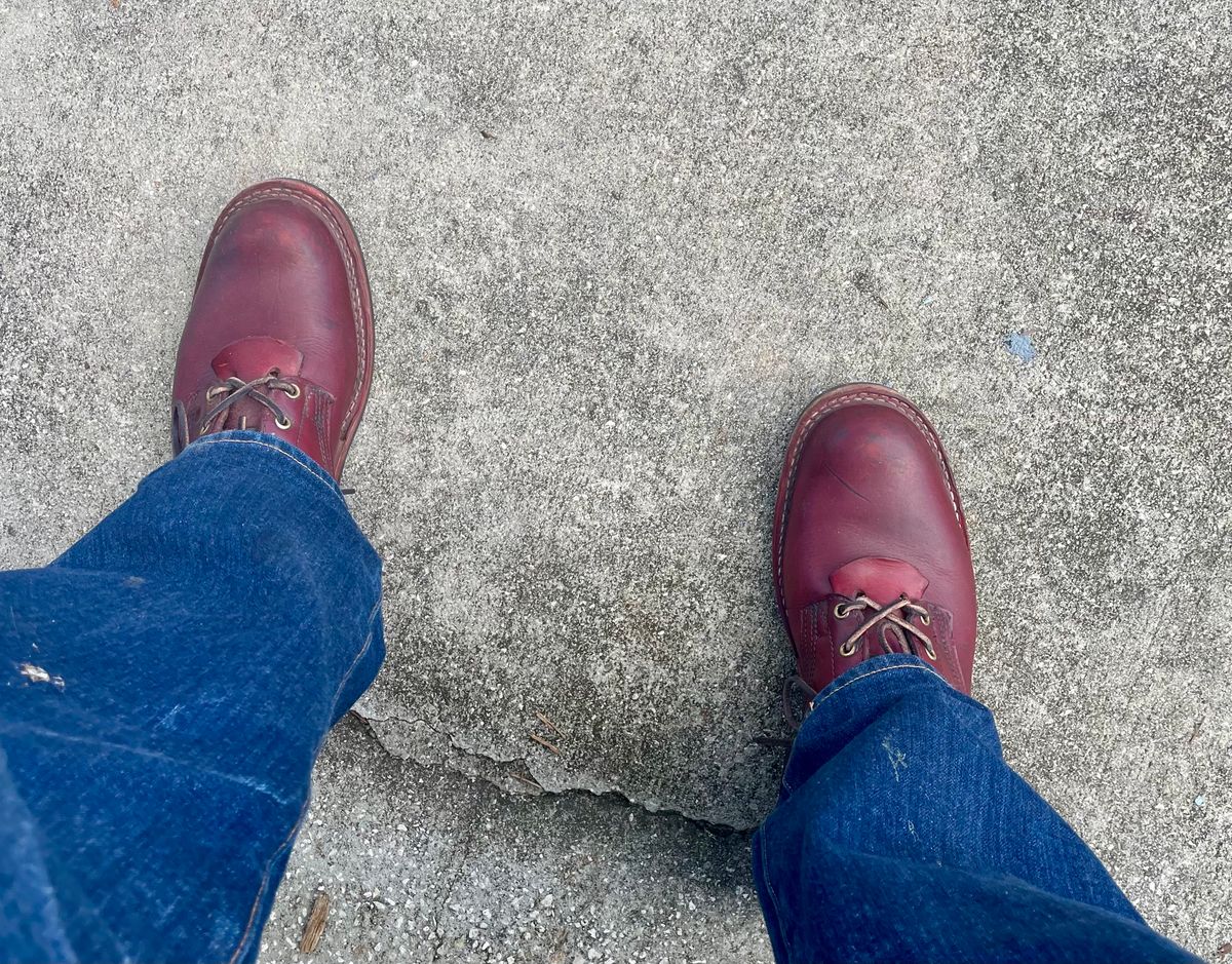 Photo by Nuc on January 5, 2025 of the Nick's Boots MTO in Wickett & Craig Double Stuffed Crimson.