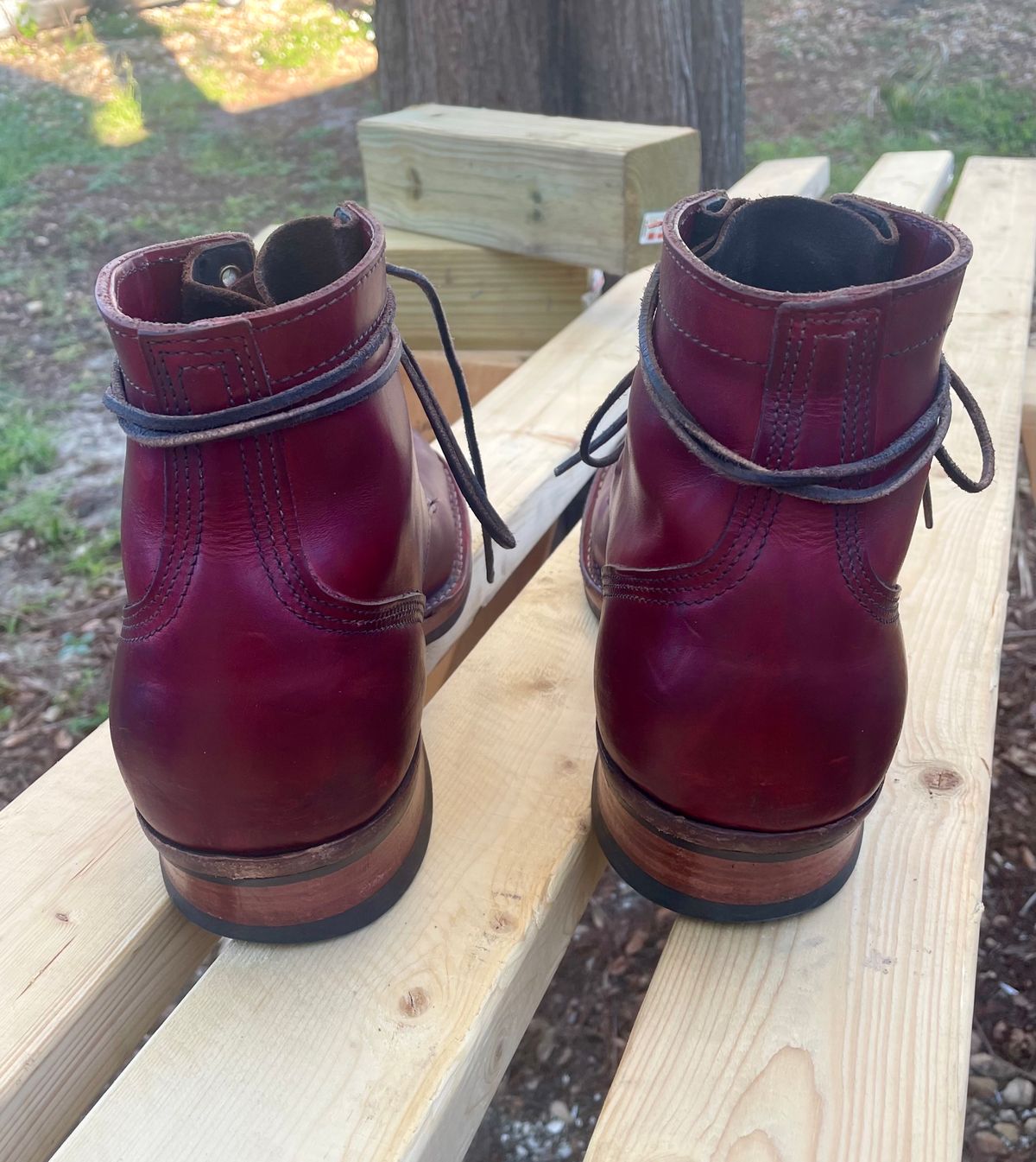 Photo by Nuc on January 5, 2025 of the Nick's Boots MTO in Wickett & Craig Double Stuffed Crimson.