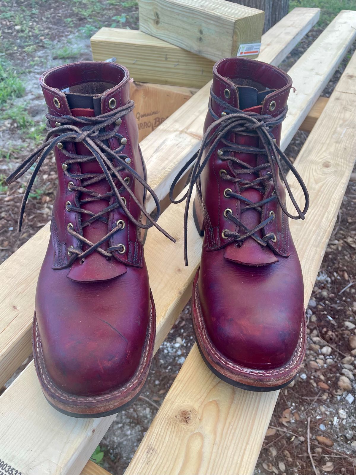 Photo by Nuc on January 5, 2025 of the Nick's Boots MTO in Wickett & Craig Double Stuffed Crimson.