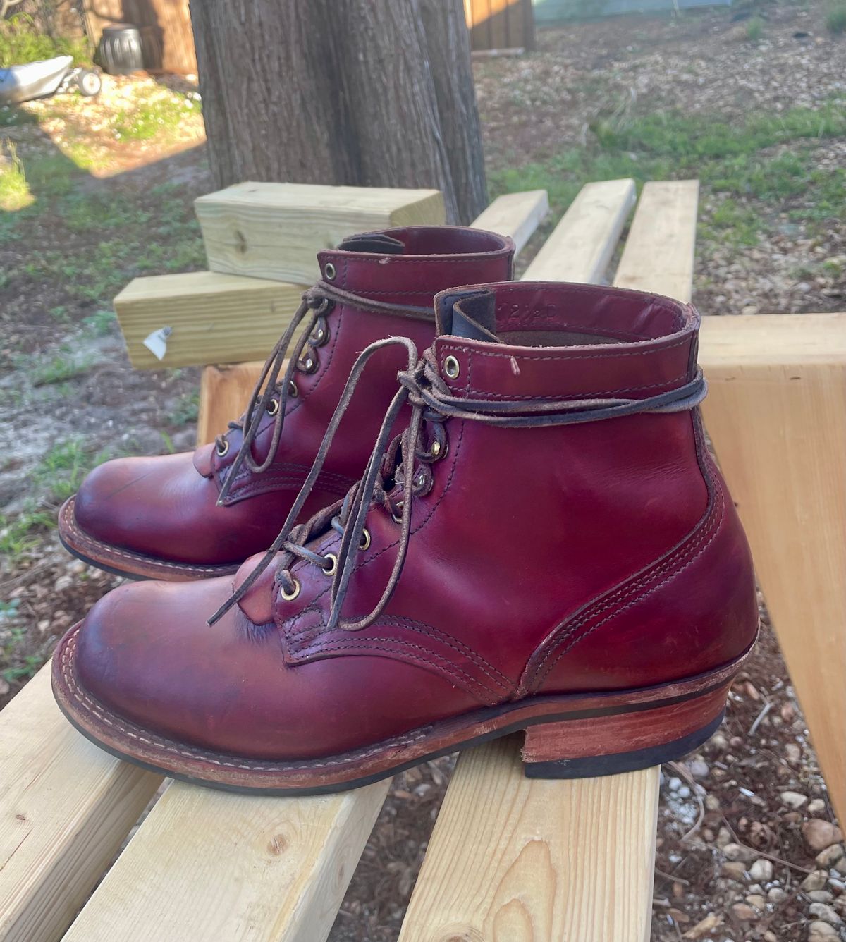 Photo by Nuc on January 5, 2025 of the Nick's Boots MTO in Wickett & Craig Double Stuffed Crimson.