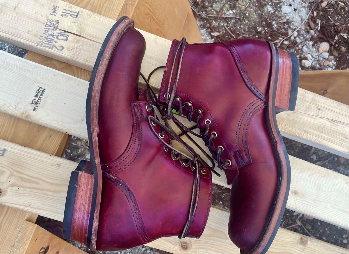 Photo by Nuc on January 5, 2025 of the Nick's Boots MTO in Wickett & Craig Double Stuffed Crimson.