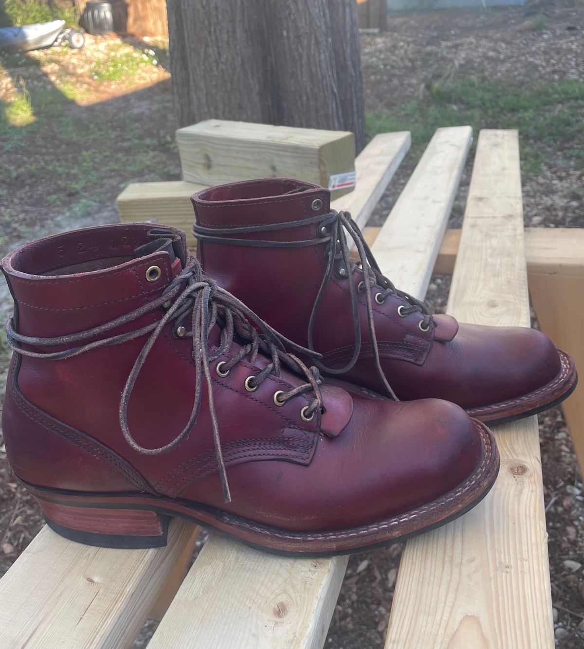 Photo by Nuc on January 5, 2025 of the Nick's Boots MTO in Wickett & Craig Double Stuffed Crimson.