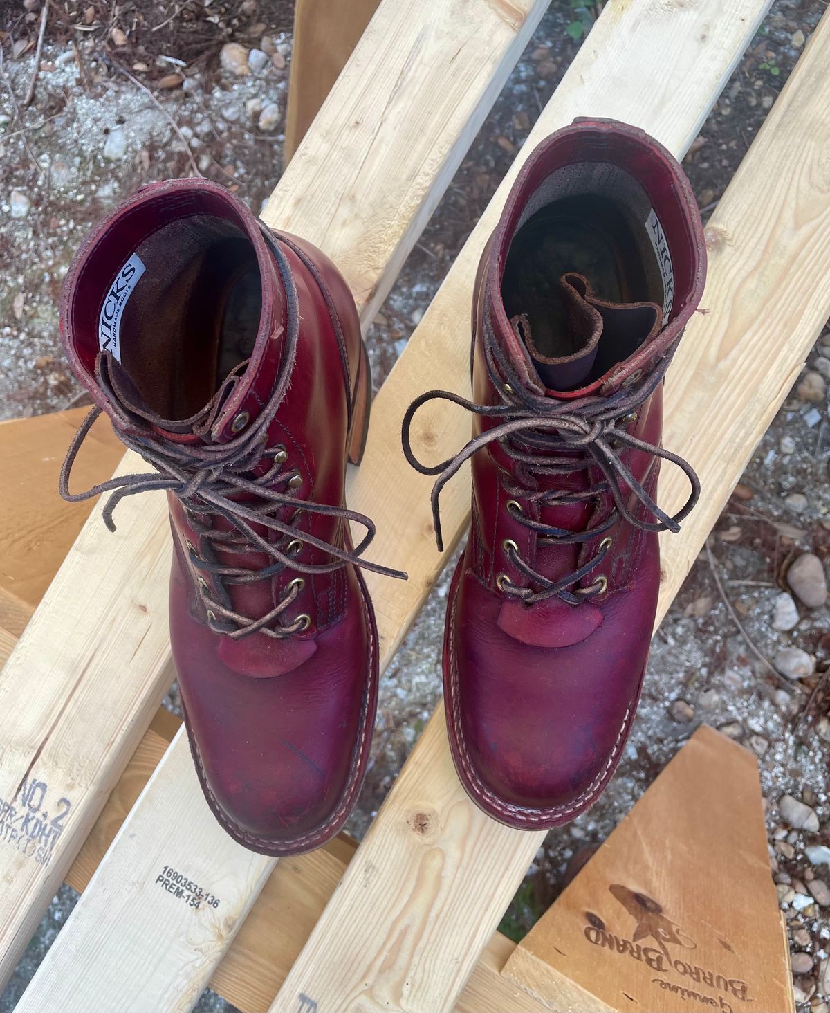 Photo by Nuc on January 5, 2025 of the Nick's Boots MTO in Wickett & Craig Double Stuffed Crimson.