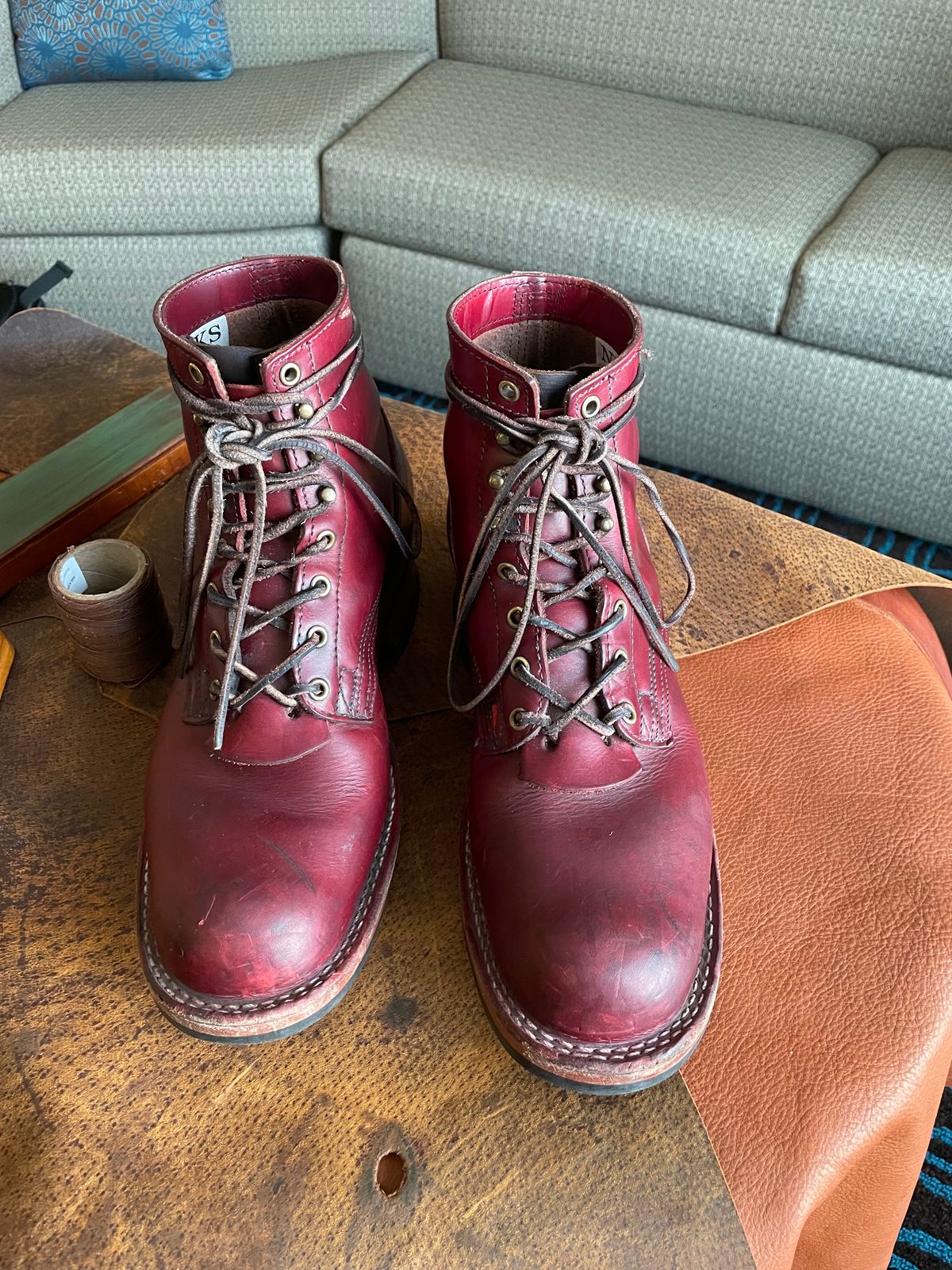 Photo by Nuc on February 4, 2025 of the Nick's Boots MTO in Wickett & Craig Double Stuffed Crimson.