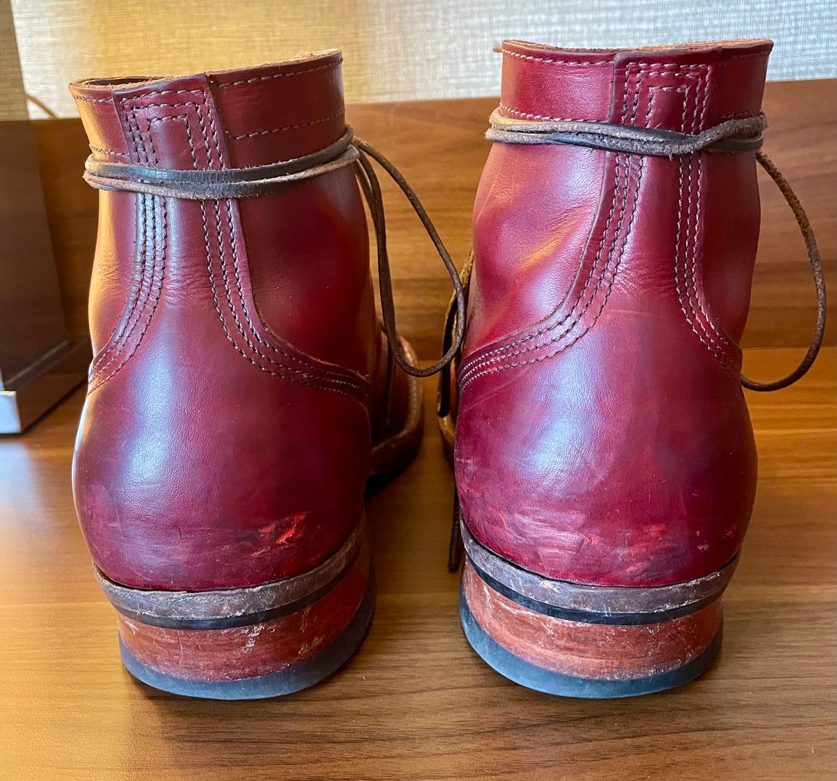 Photo by Nuc on March 2, 2025 of the Nick's Boots MTO in Wickett & Craig Double Stuffed Crimson.