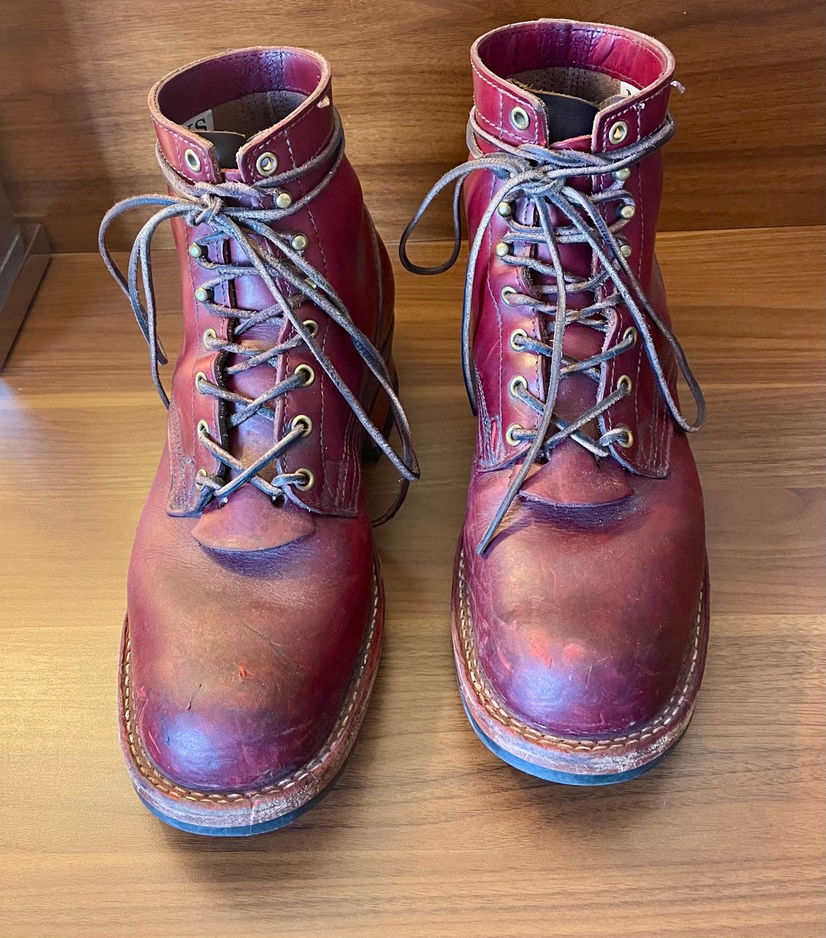 Photo by Nuc on March 2, 2025 of the Nick's Boots MTO in Wickett & Craig Double Stuffed Crimson.
