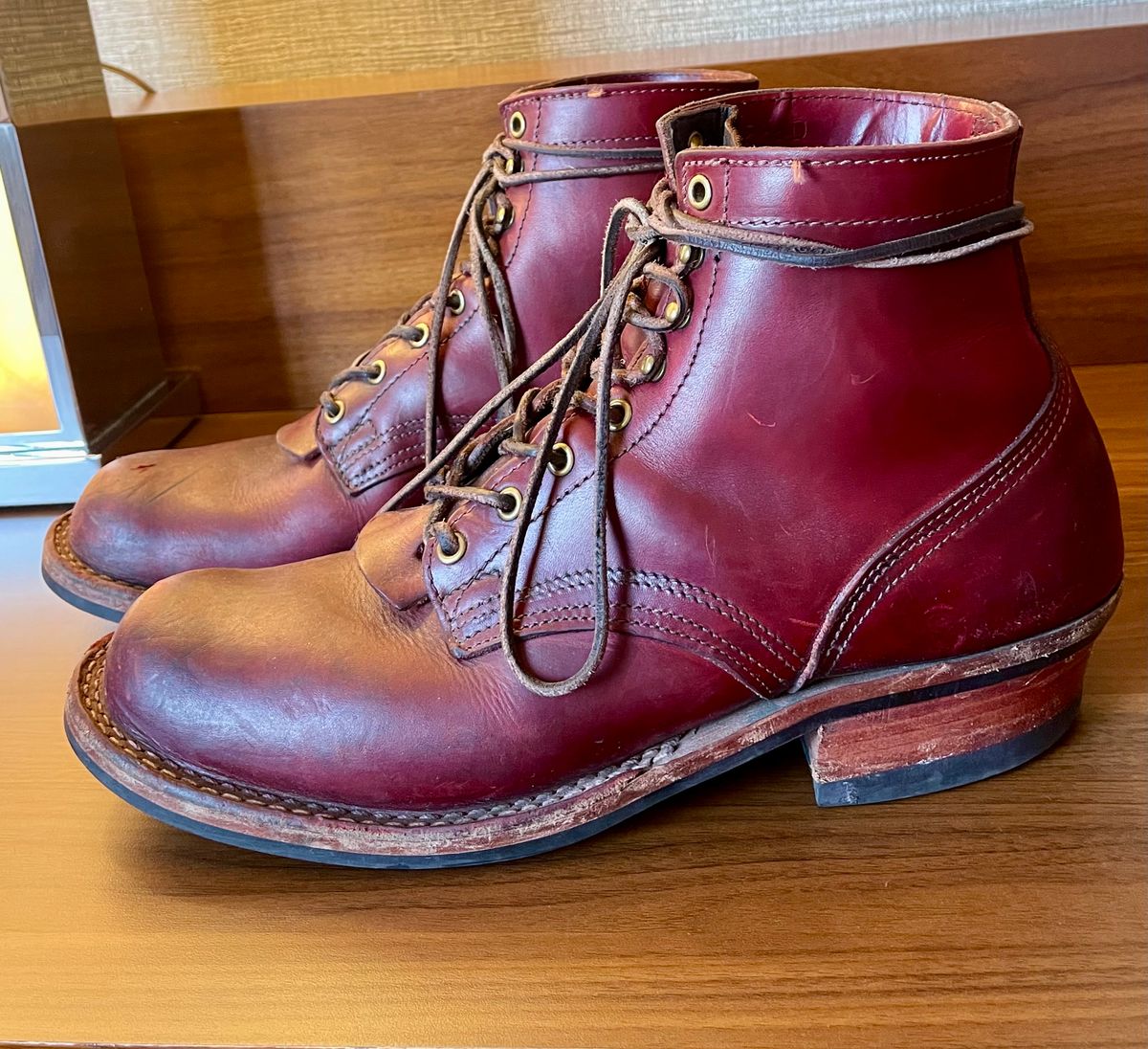Photo by Nuc on March 2, 2025 of the Nick's Boots MTO in Wickett & Craig Double Stuffed Crimson.