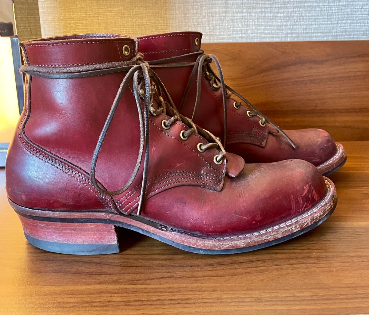 Photo by Nuc on March 2, 2025 of the Nick's Boots MTO in Wickett & Craig Double Stuffed Crimson.