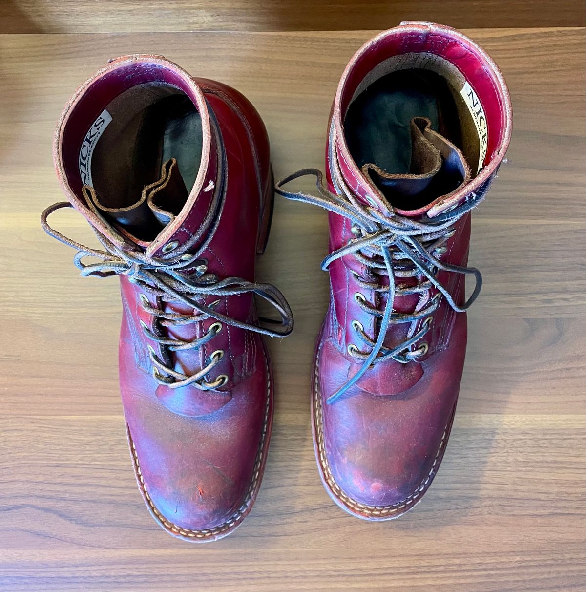 Photo by Nuc on March 2, 2025 of the Nick's Boots MTO in Wickett & Craig Double Stuffed Crimson.