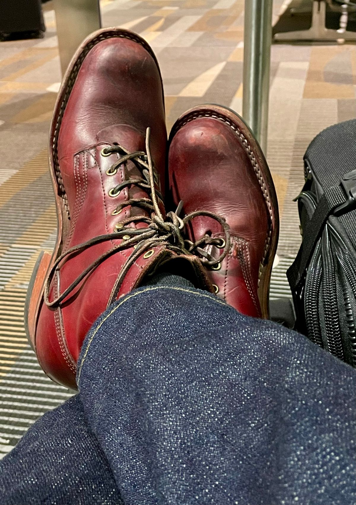 Photo by Nuc on March 3, 2025 of the Nick's Boots MTO in Wickett & Craig Double Stuffed Crimson.
