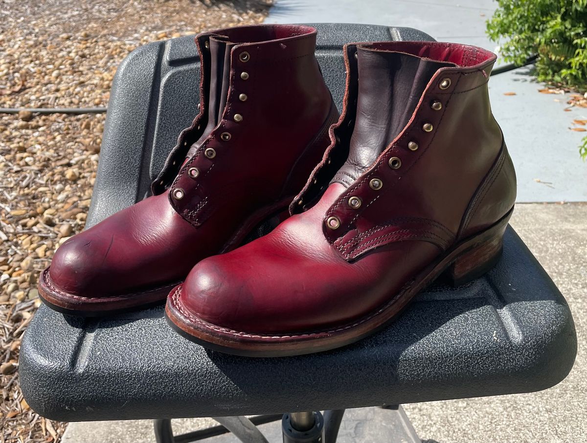 Photo by Nuc on May 3, 2025 of the Nick's Boots MTO in Wickett & Craig Double Stuffed Crimson.