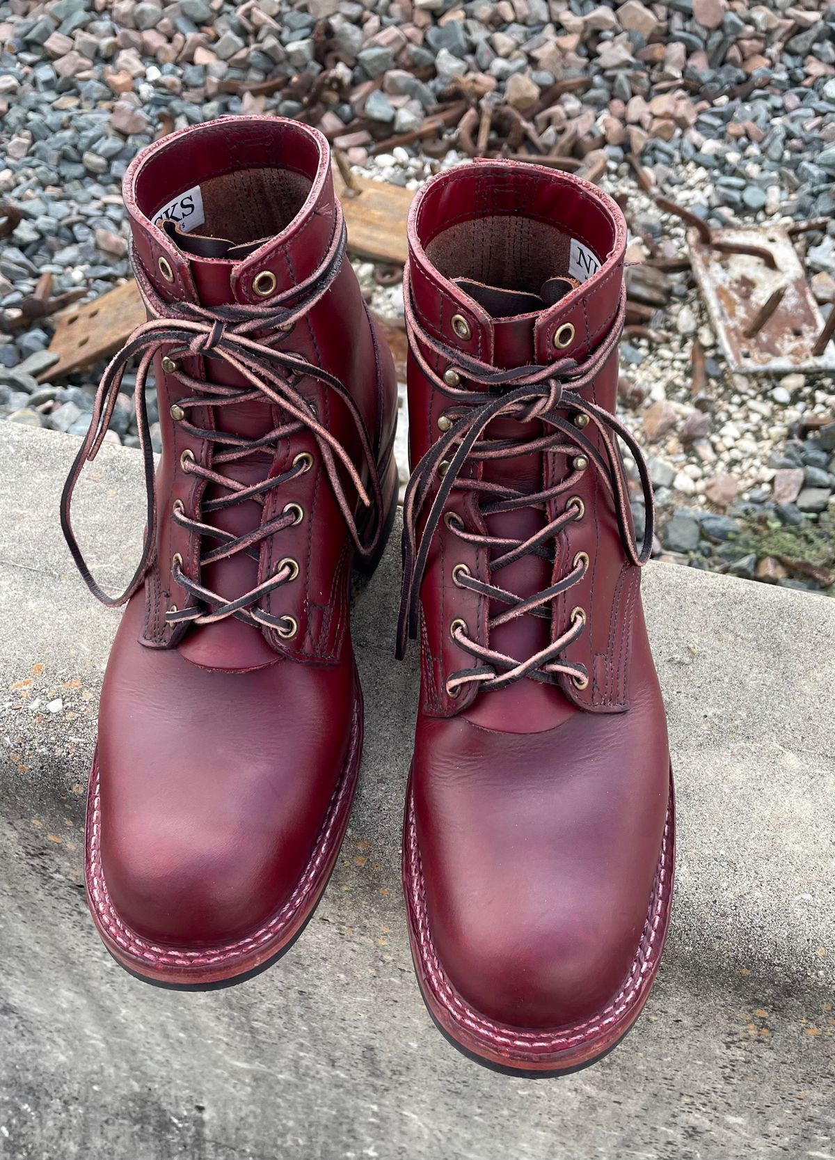 Photo by Nuc on November 3, 2024 of the Nick's Boots MTO in Wickett & Craig Double Stuffed Crimson.