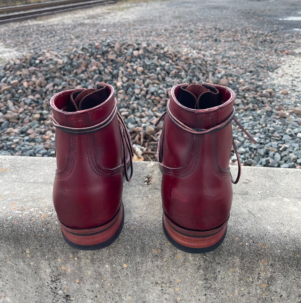 Photo by Nuc on November 3, 2024 of the Nick's Boots MTO in Wickett & Craig Double Stuffed Crimson.