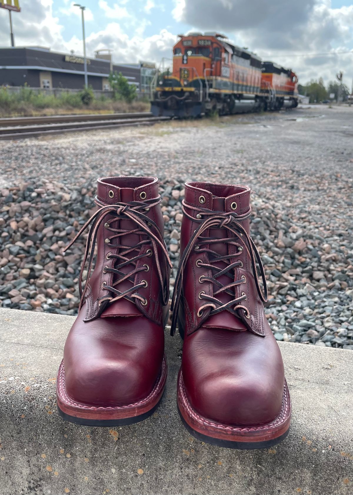 Photo by Nuc on November 3, 2024 of the Nick's Boots MTO in Wickett & Craig Double Stuffed Crimson.