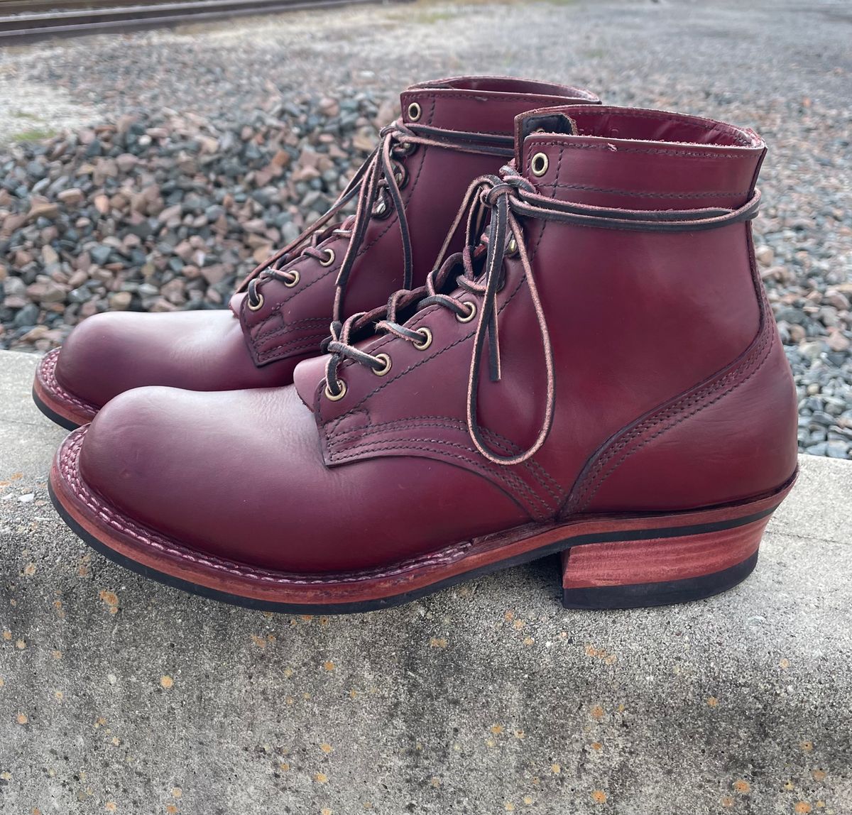 Photo by Nuc on November 3, 2024 of the Nick's Boots MTO in Wickett & Craig Double Stuffed Crimson.