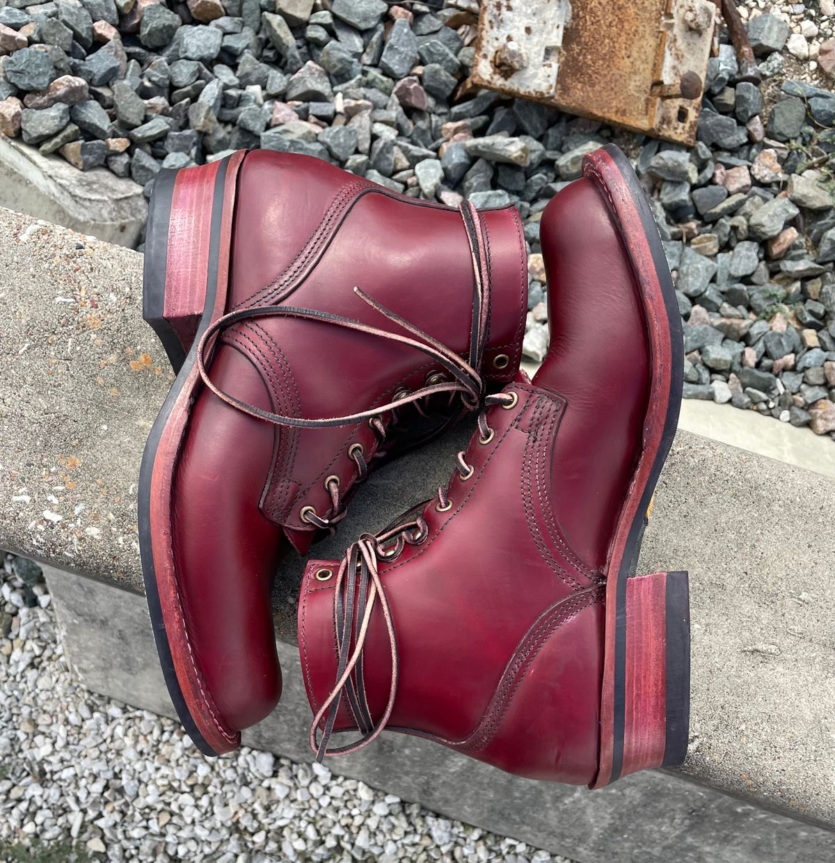 Photo by Nuc on November 3, 2024 of the Nick's Boots MTO in Wickett & Craig Double Stuffed Crimson.