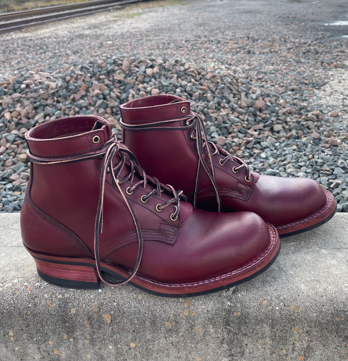 Photo by Nuc on November 3, 2024 of the Nick's Boots MTO in Wickett & Craig Double Stuffed Crimson.