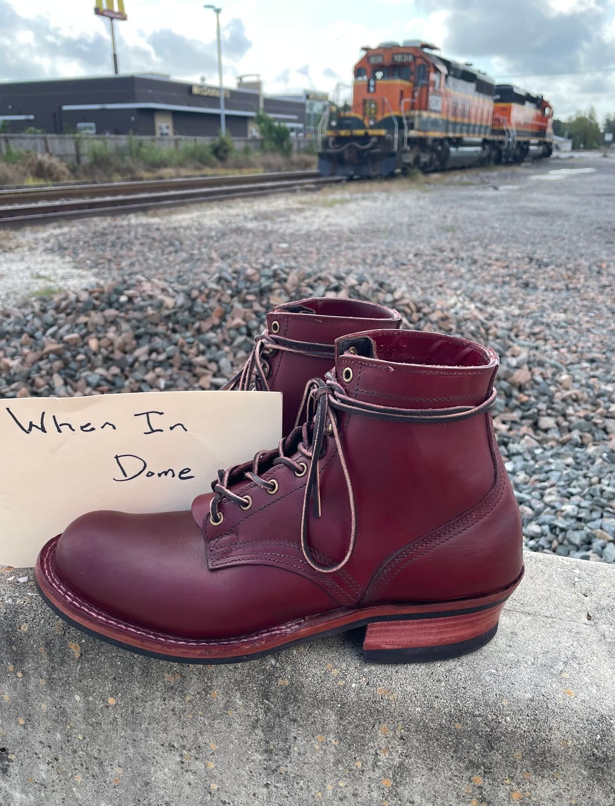 Photo by Nuc on November 3, 2024 of the Nick's Boots MTO in Wickett & Craig Double Stuffed Crimson.