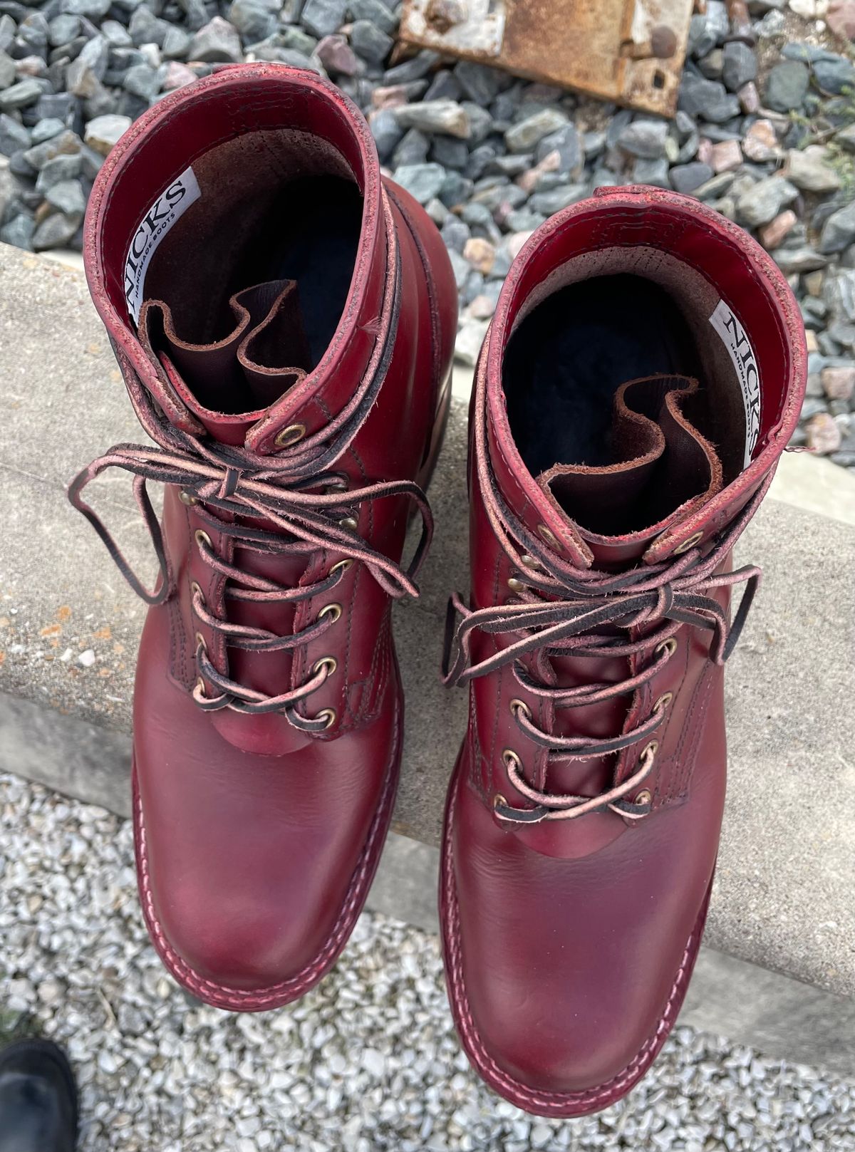 Photo by Nuc on November 3, 2024 of the Nick's Boots MTO in Wickett & Craig Double Stuffed Crimson.