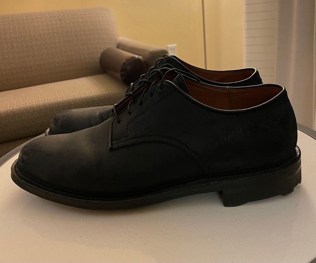 Photo by Nuc on December 6, 2023 of the Viberg Rockland Blucher in C.F. Stead Black Waxy Commander Suede.