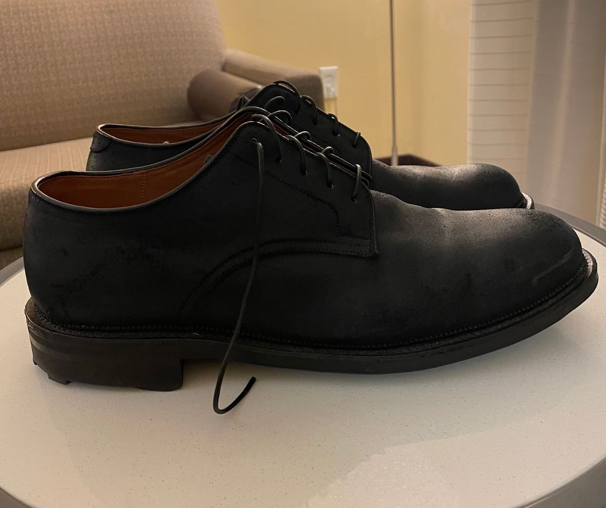 Photo by Nuc on December 6, 2023 of the Viberg Rockland Blucher in C.F. Stead Black Waxy Commander Suede.