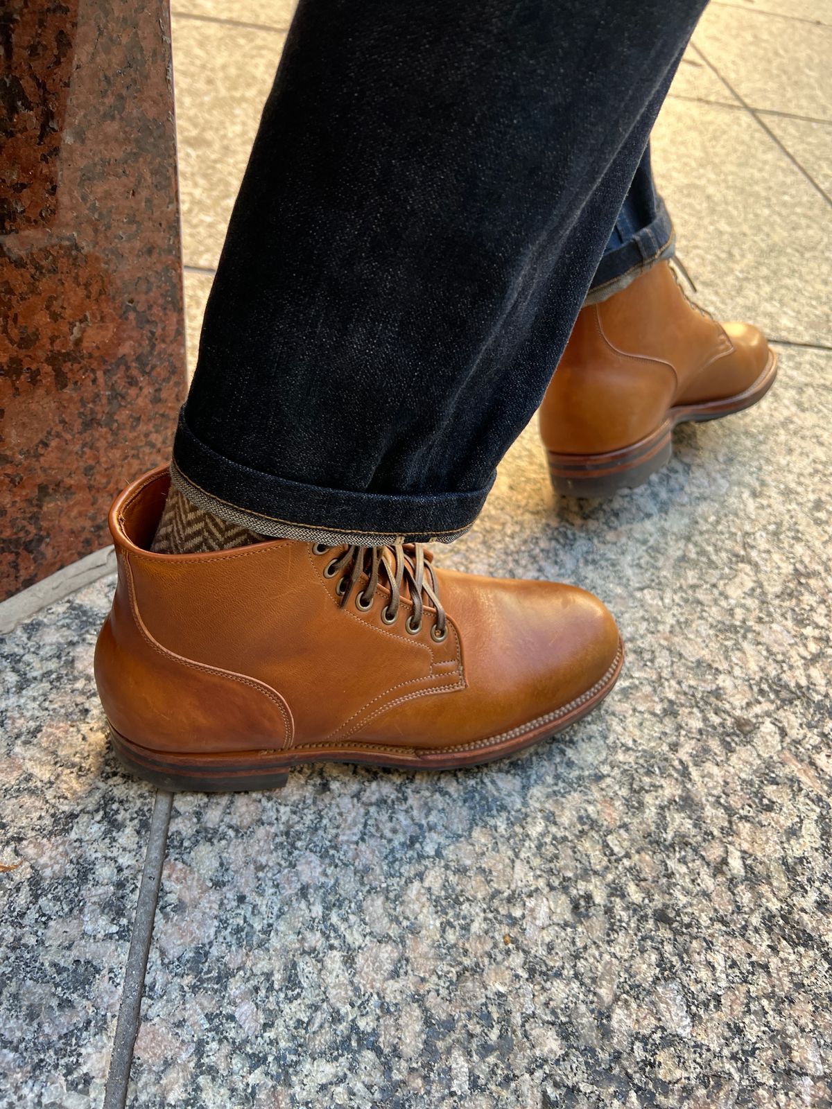 Photo by stuntman on October 17, 2023 of the Viberg Service Boot in Shinki Cognac Latigo Horsehide.