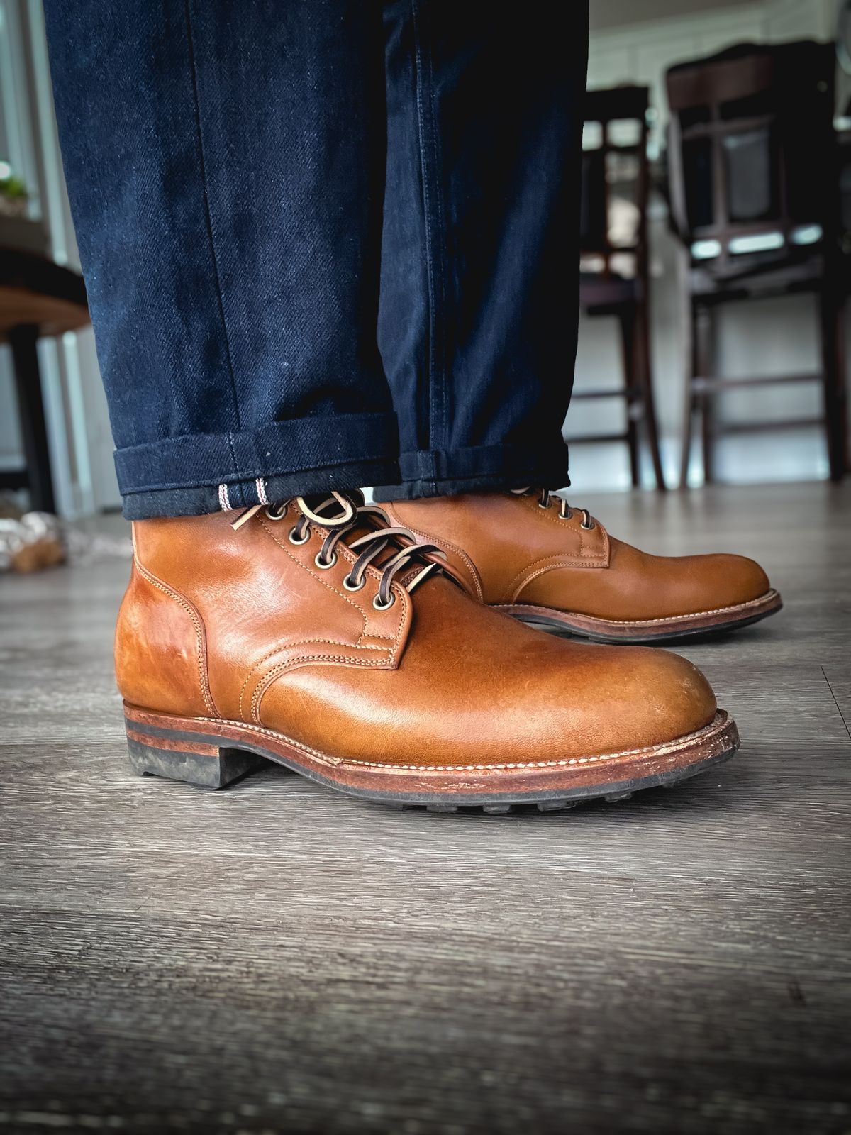 Photo by stuntman on December 12, 2023 of the Viberg Service Boot in Shinki Cognac Latigo Horsehide.
