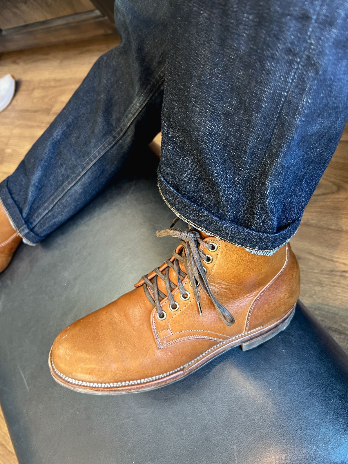 Photo by stuntman on February 6, 2024 of the Viberg Service Boot in Shinki Cognac Latigo Horsehide.