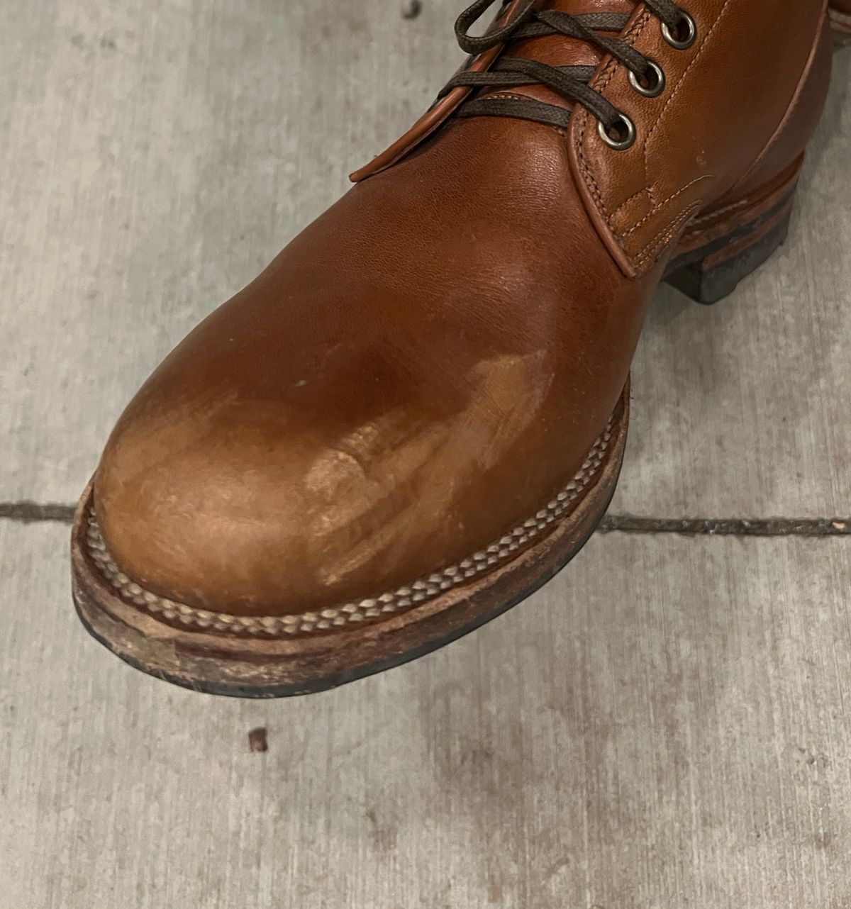 Photo by stuntman on March 9, 2024 of the Viberg Service Boot in Shinki Cognac Latigo Horsehide.