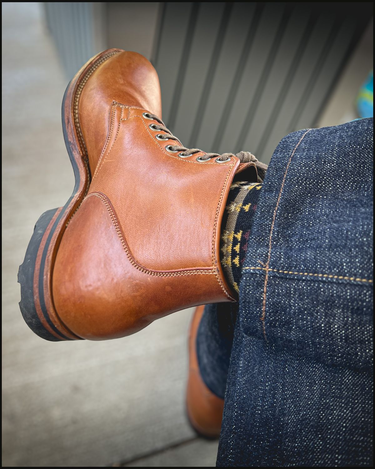 Photo by stuntman on June 12, 2024 of the Viberg Service Boot in Shinki Cognac Latigo Horsehide.