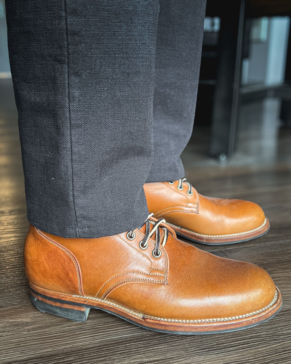 Photo by stuntman on August 16, 2024 of the Viberg Service Boot in Shinki Cognac Latigo Horsehide.