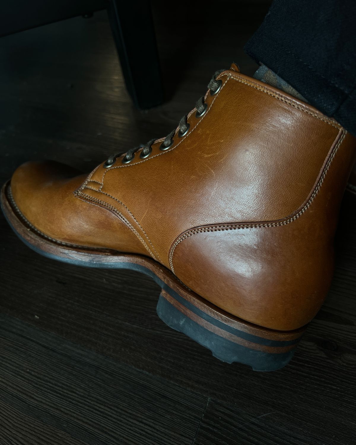 Photo by stuntman on November 1, 2024 of the Viberg Service Boot in Shinki Cognac Latigo Horsehide.