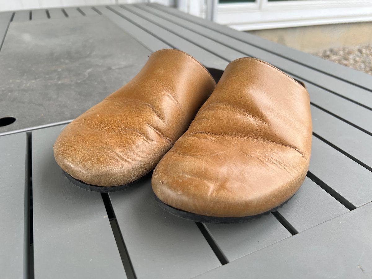 Photo by stuntman on April 23, 2024 of the 3sixteen Calf Leather Mules in Natural Calf Leather.