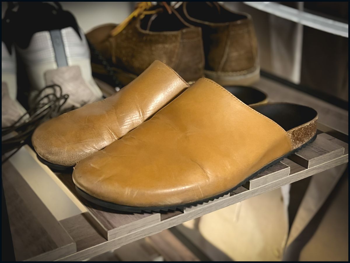 Photo by stuntman on June 20, 2024 of the 3sixteen Calf Leather Mules in Natural Calf Leather.