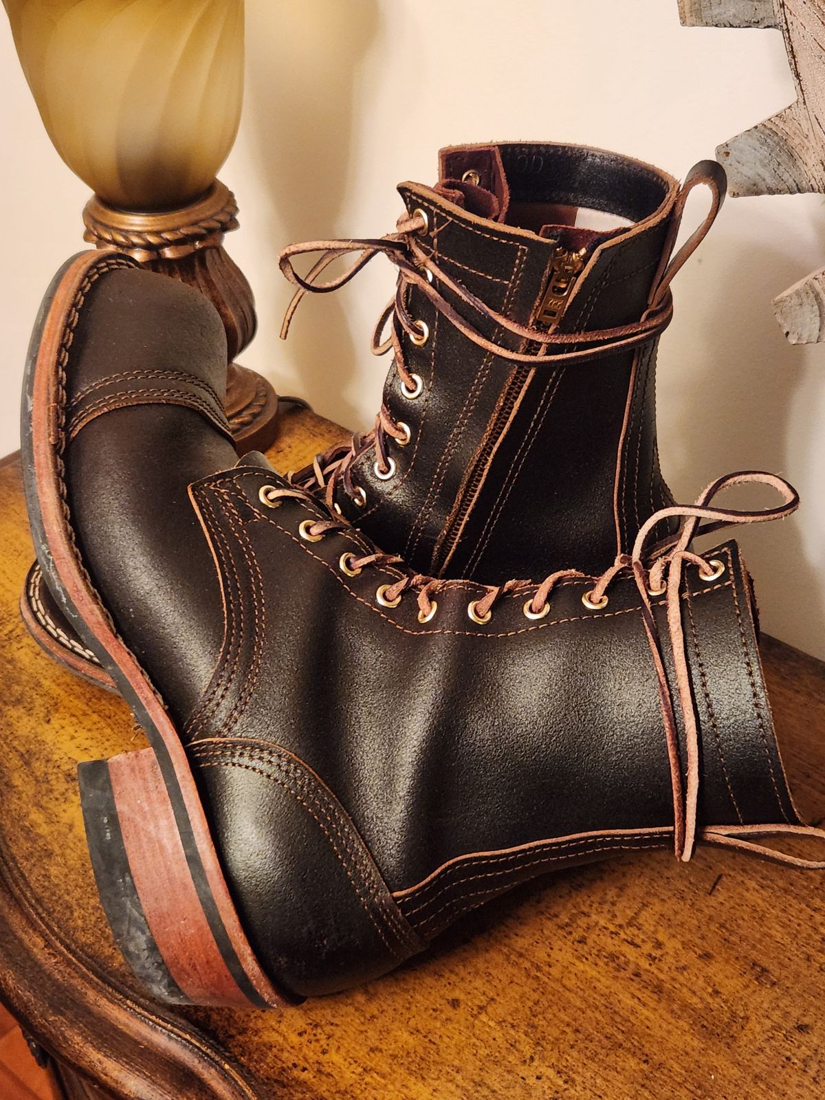 Photo by kevinyarrington on March 6, 2024 of the Nicks Patrol Boot in Horween Brown Waxed Flesh.