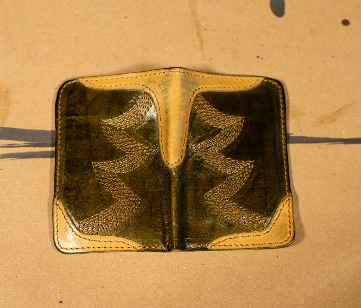 Photo by davecorey on December 4, 2025 of the Oldspeed MFG Western Wallet in Wickett & Craig Olive Traditional Harness.