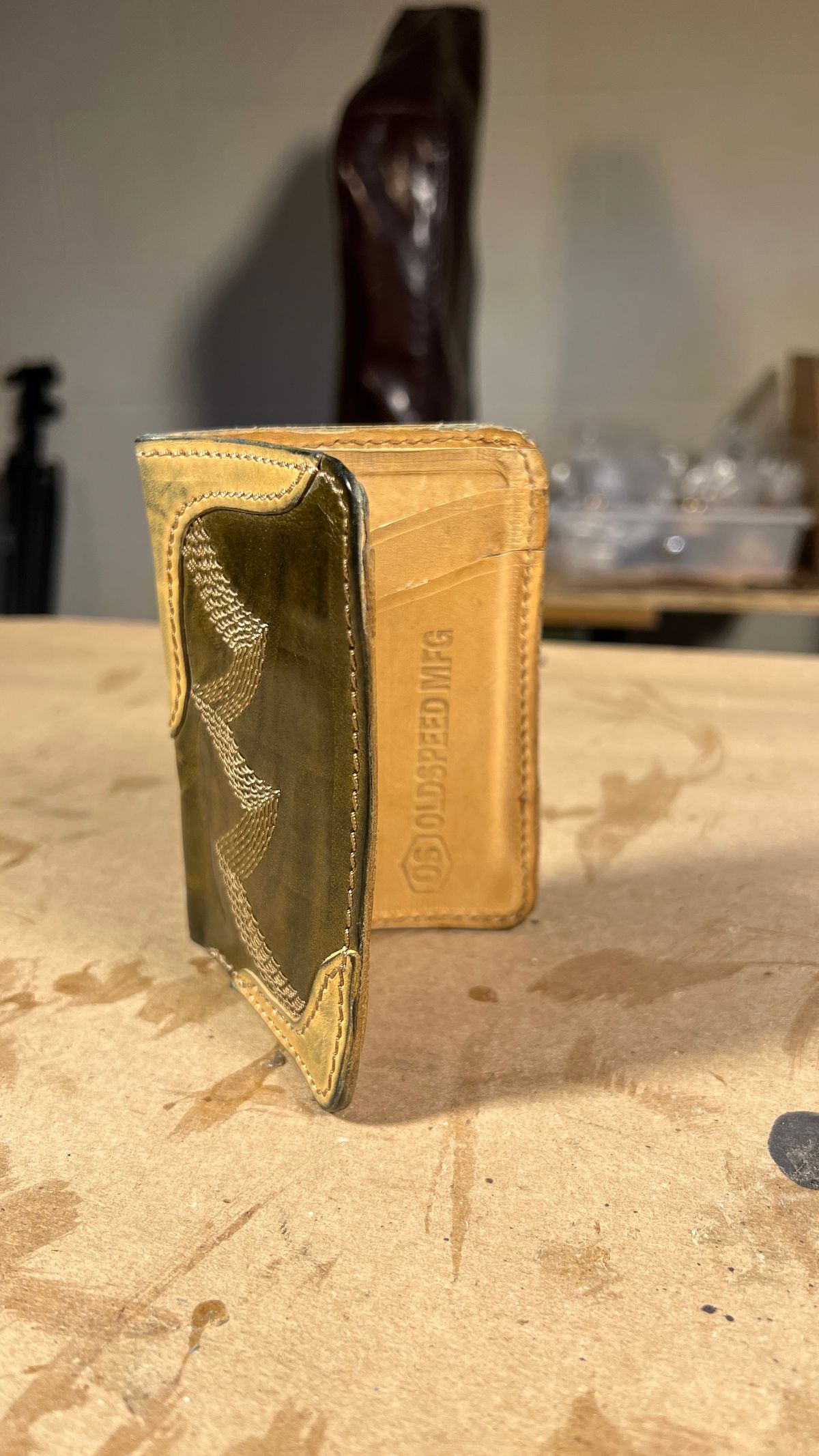 Photo by davecorey on April 5, 2026 of the Oldspeed MFG Western Wallet in Wickett & Craig Olive Traditional Harness.