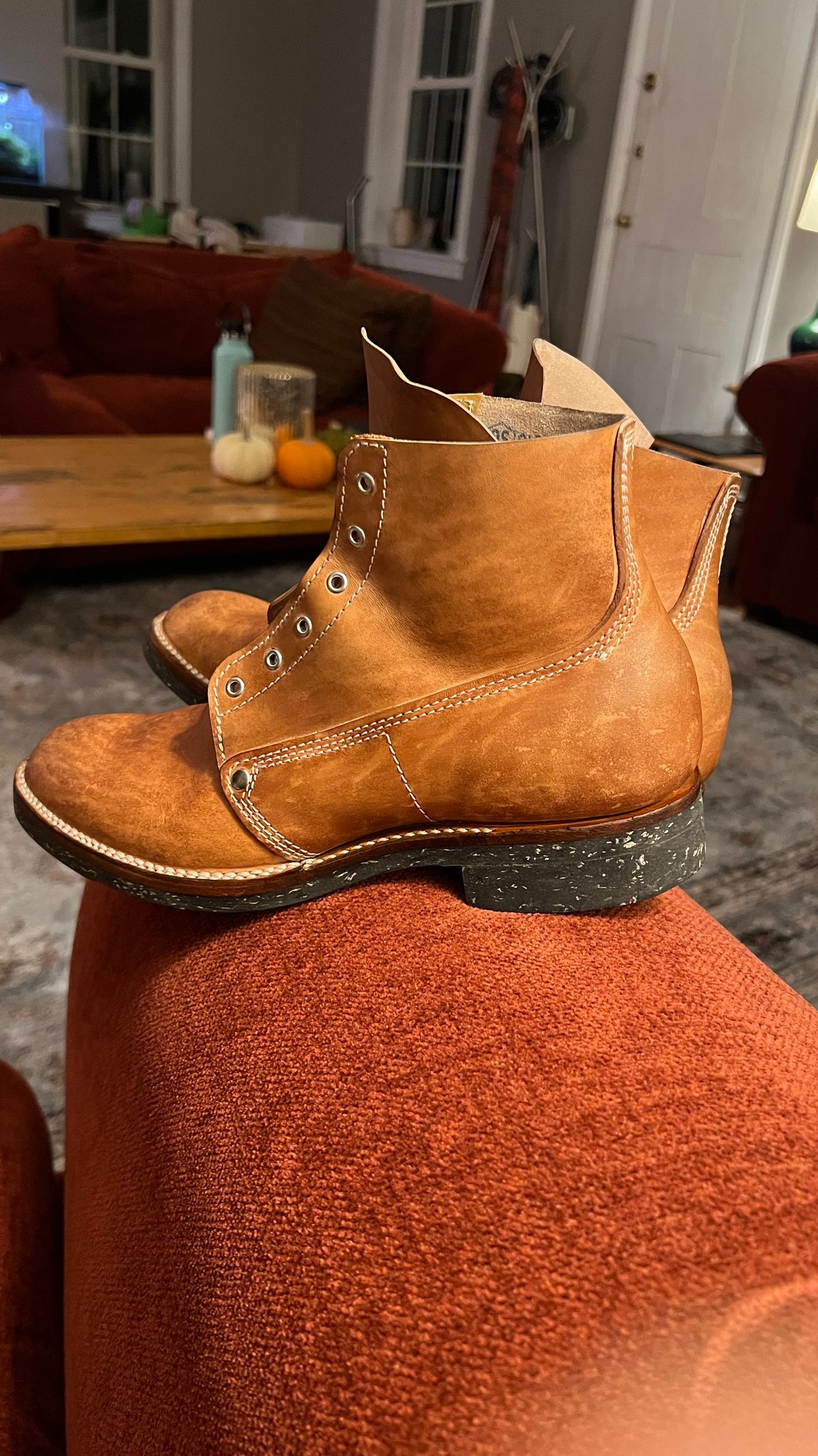 Photo by davecorey on November 27, 2025 of the Oldspeed MFG Henry Johnson Boot in Horween Russet Horsehide Strips.