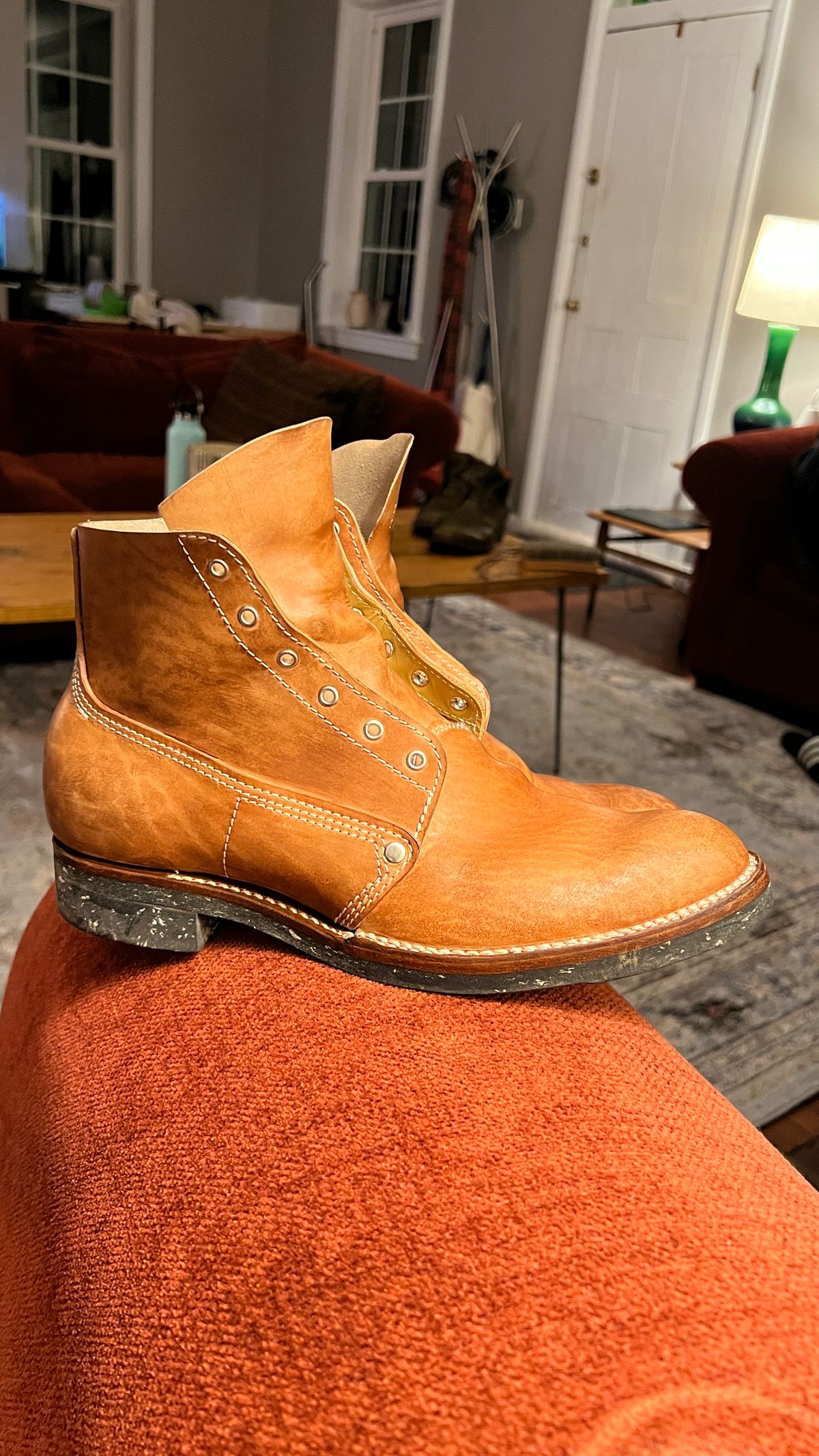 Photo by davecorey on November 27, 2025 of the Oldspeed MFG Henry Johnson Boot in Horween Russet Horsehide Strips.