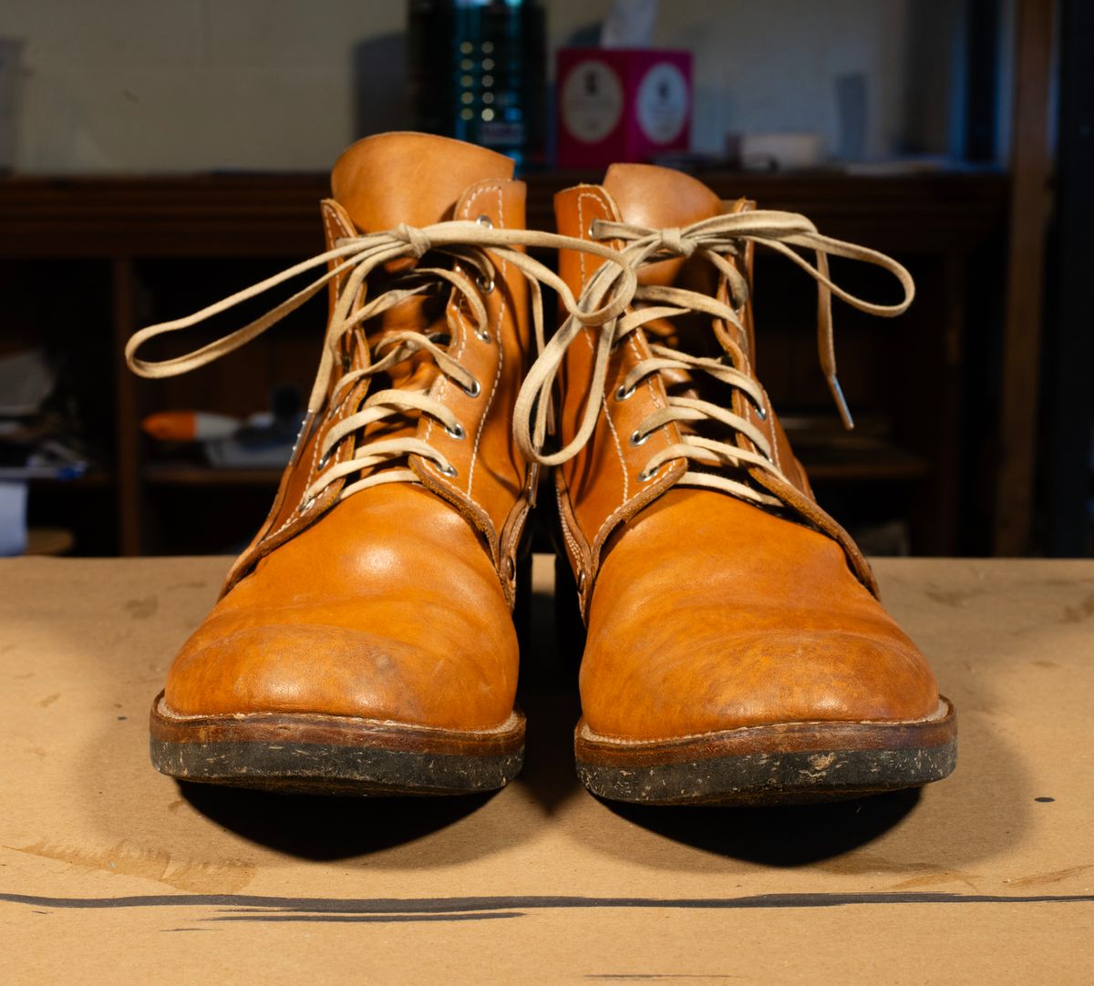 Photo by davecorey on December 4, 2025 of the Oldspeed MFG Henry Johnson Boot in Horween Russet Horsehide Strips.