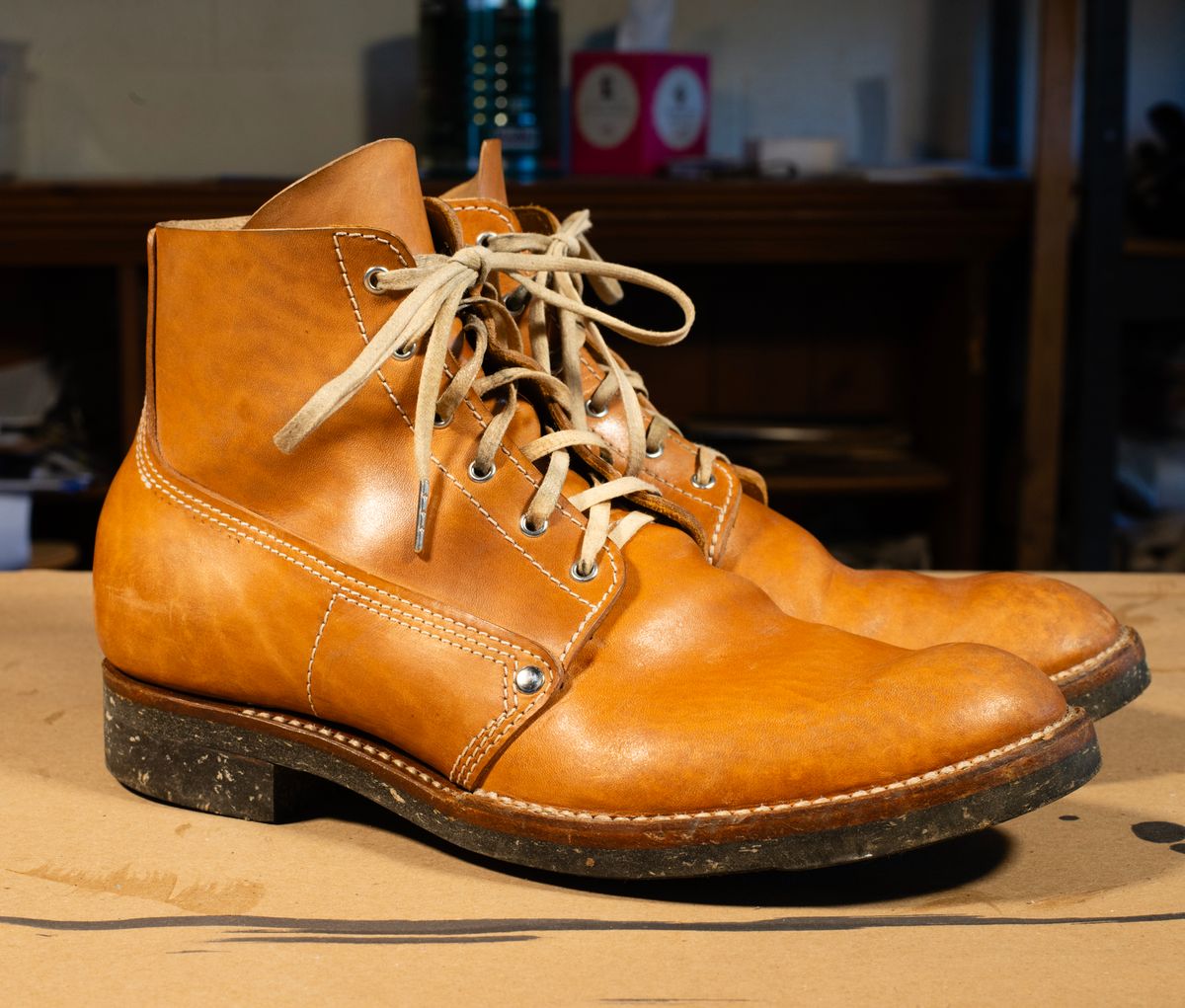 Photo by davecorey on December 4, 2025 of the Oldspeed MFG Henry Johnson Boot in Horween Russet Horsehide Strips.