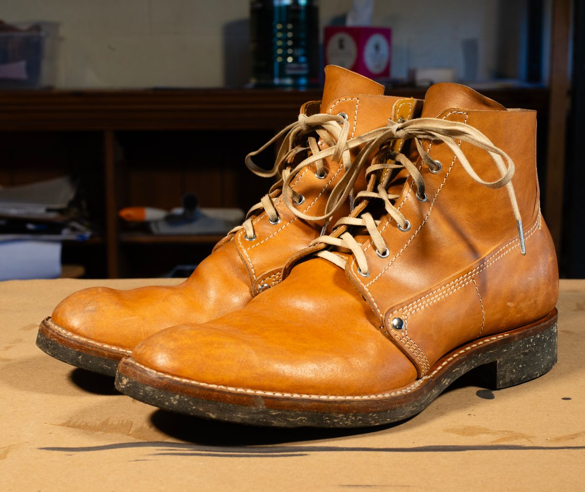 Photo by davecorey on December 4, 2025 of the Oldspeed MFG Henry Johnson Boot in Horween Russet Horsehide Strips.