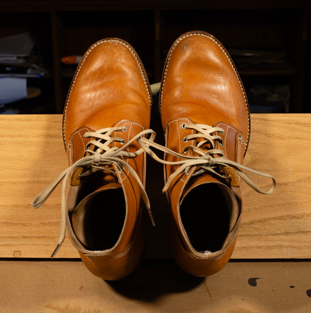 Photo by davecorey on December 4, 2025 of the Oldspeed MFG Henry Johnson Boot in Horween Russet Horsehide Strips.