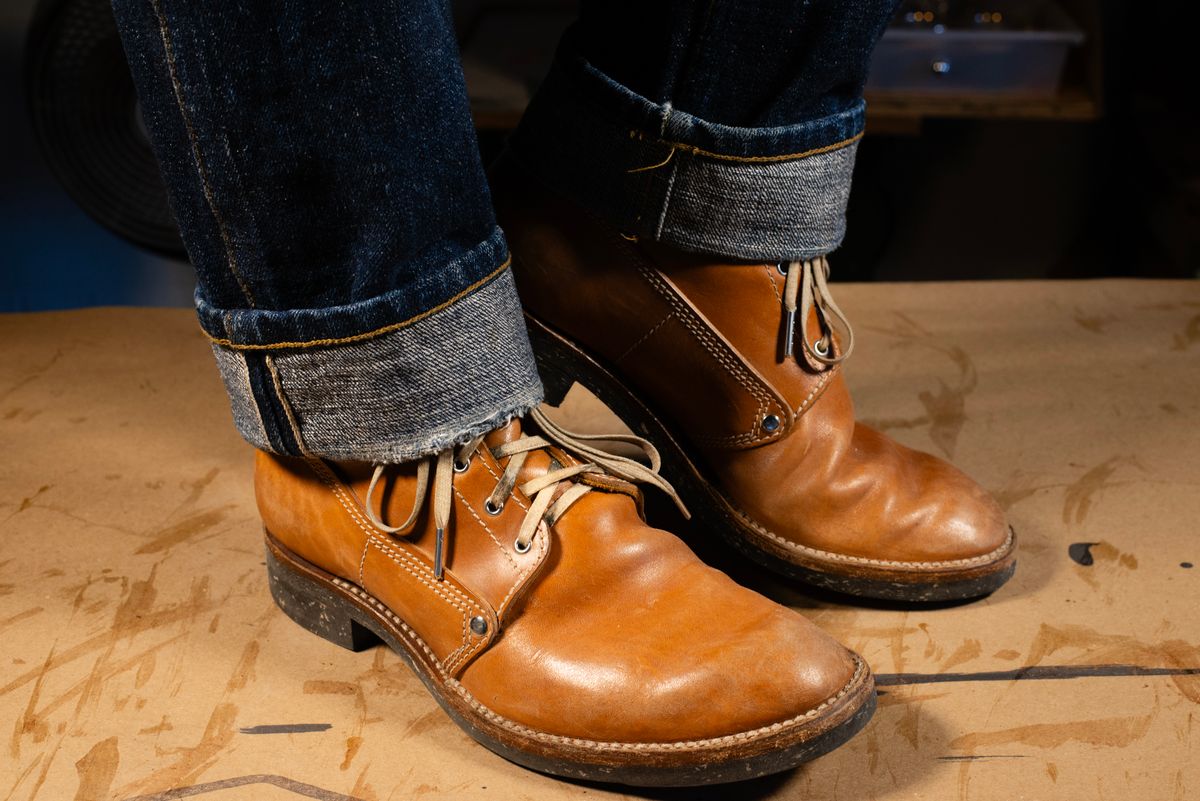 Photo by davecorey on January 6, 2026 of the Oldspeed MFG Henry Johnson Boot in Horween Russet Horsehide Strips.