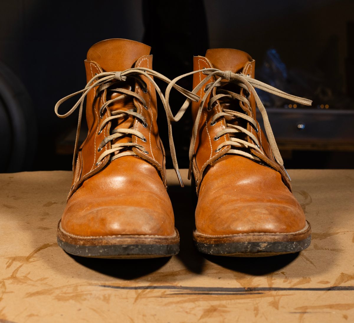 Photo by davecorey on January 6, 2026 of the Oldspeed MFG Henry Johnson Boot in Horween Russet Horsehide Strips.