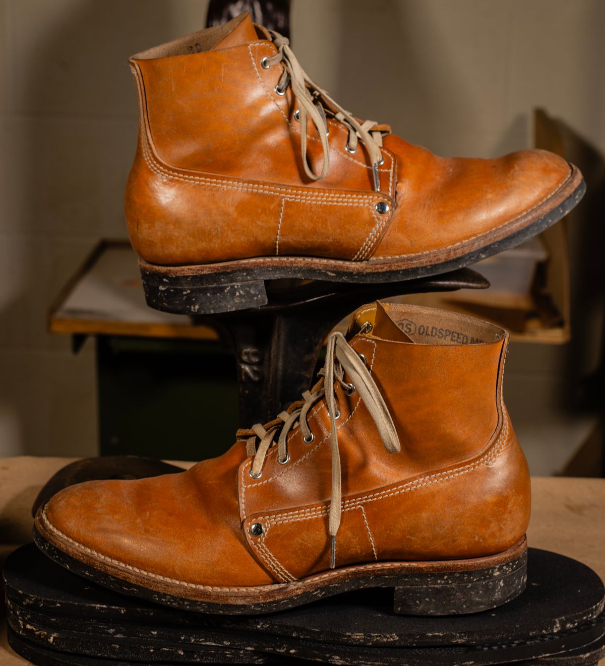 Photo by davecorey on March 5, 2026 of the Oldspeed MFG Henry Johnson Boot in Horween Russet Horsehide Strips.